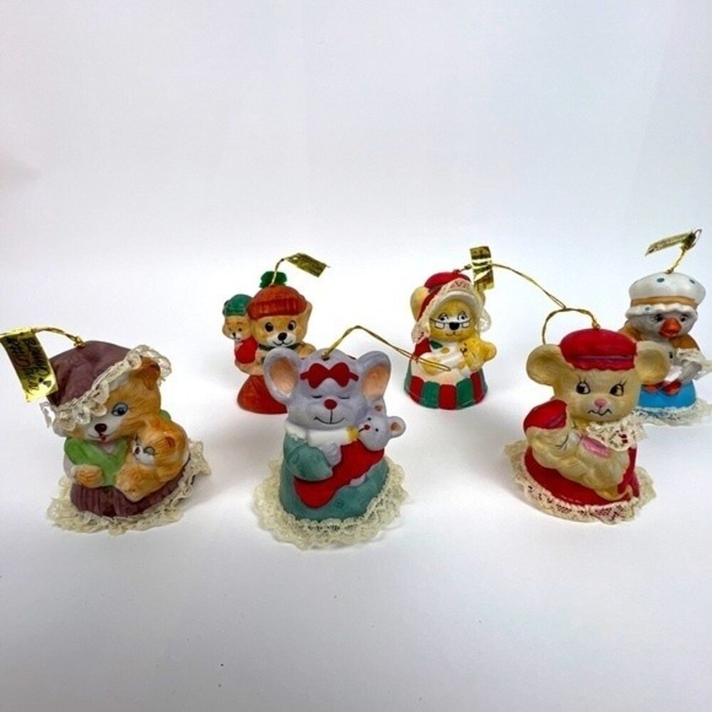 Vintage Jasco Handpainted Bisque Porcelain Caring Critter Chimer Christmas Bells